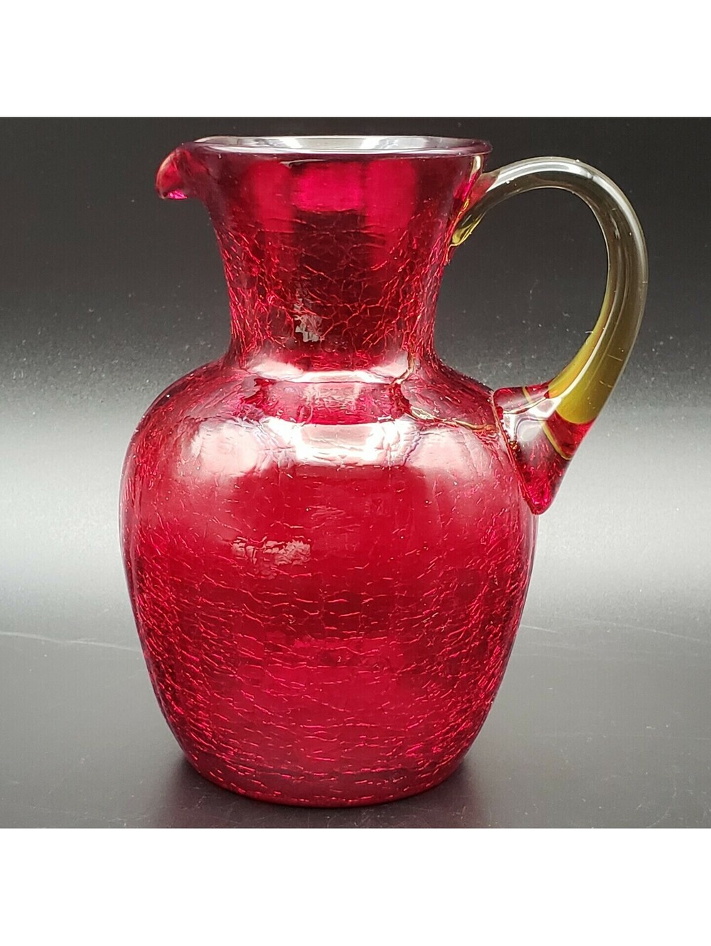 Red Crackle Glass Pitcher Applied Handle Paneled Ruby Art Glass Pilgrim?